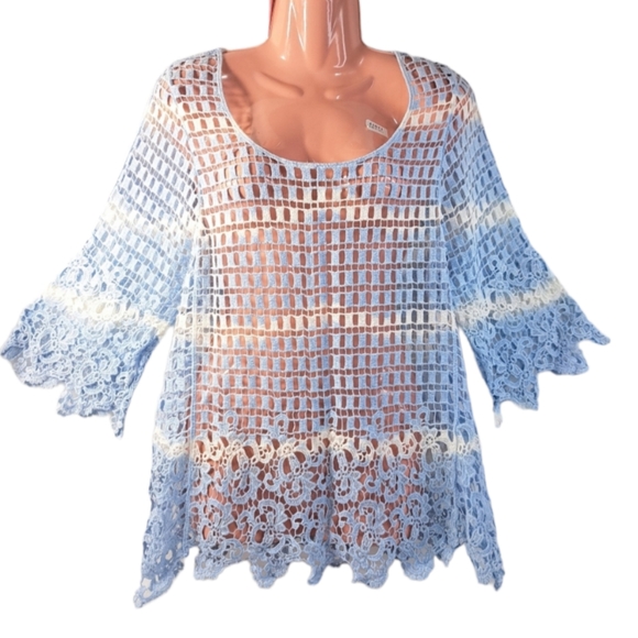 Step In Style One Size Women's Crochet Baby Blue Blouse 100% Cotton - Picture 13 of 14